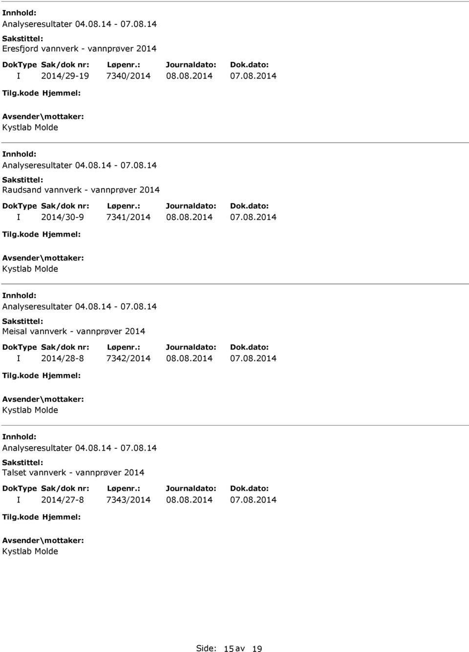 08.14 Meisal vannverk - vannprøver 2014 2014/28-8 7342/2014 Kystlab Molde 14-07.08.14 Talset vannverk - vannprøver 2014 2014/27-8 7343/2014 Kystlab Molde Side: 15 av 19