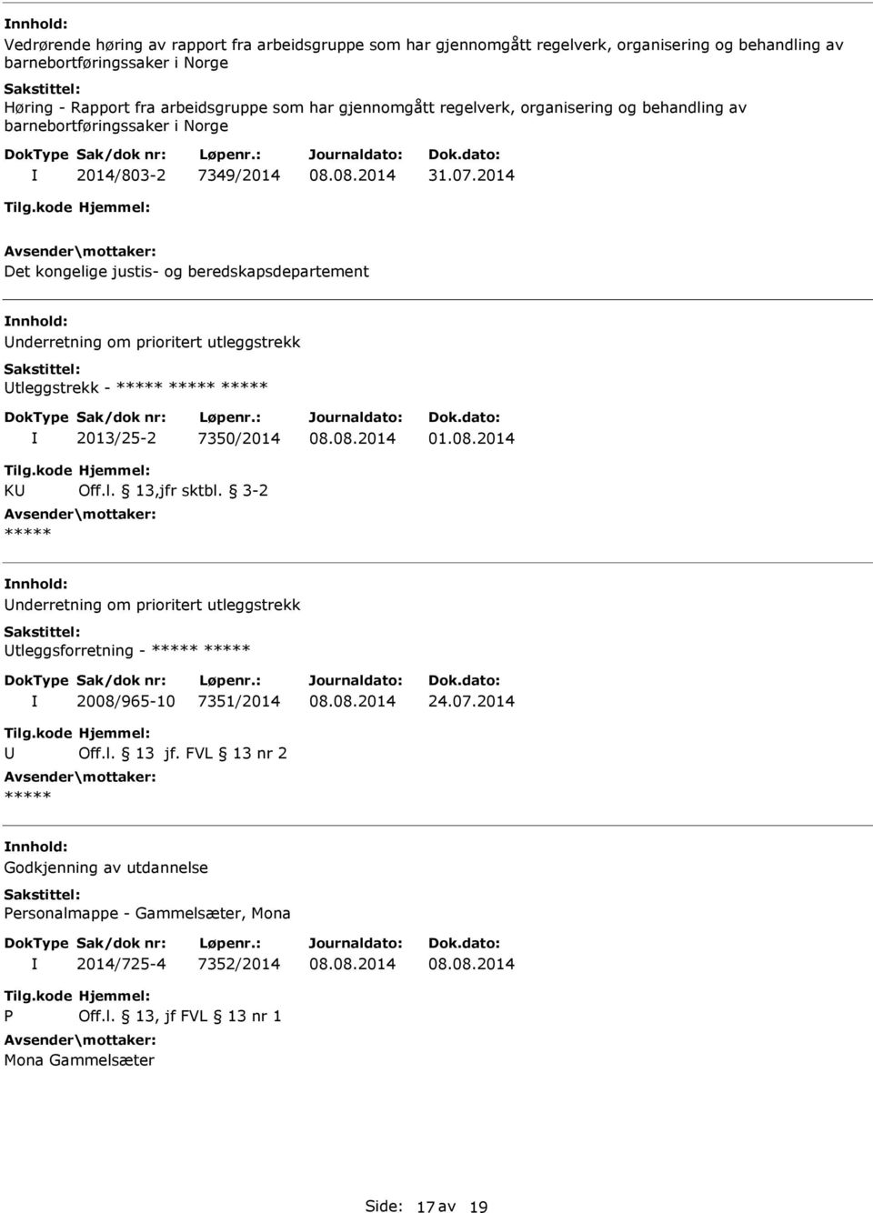 2014 Det kongelige justis- og beredskapsdepartement nnhold: nderretning om prioritert utleggstrekk tleggstrekk - 2013/25-2 7350/2014 01.08.2014 K Off.l. 13,jfr sktbl.