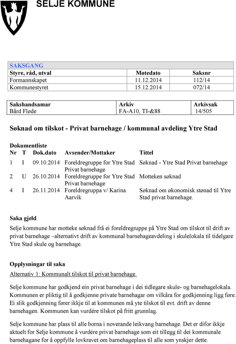 dato Avsender/Mottaker Tittel 1 I 09.10.2014 Foreldregruppe for Ytre Stad Privat barnehage 2 U 26.10.2014 Foreldregruppe for Ytre Stad Privat barnehage 4 I 26.11.