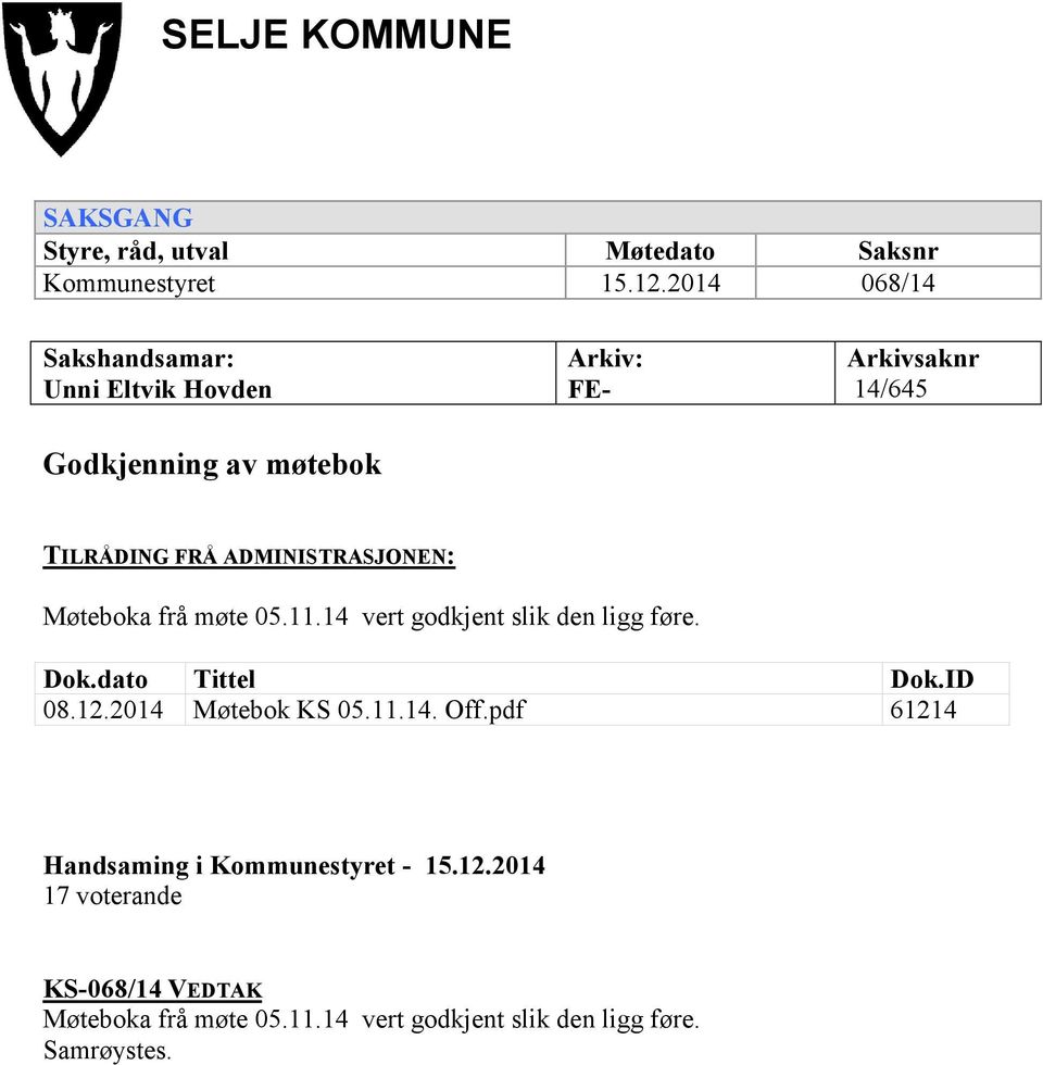 ADMINISTRASJONEN: Møteboka frå møte 05.11.14 vert godkjent slik den ligg føre. Dok.dato Tittel Dok.ID 08.12.