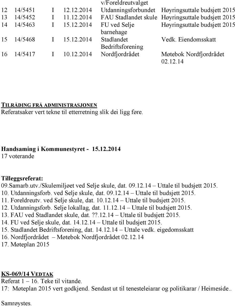 Handsaming i Kommunestyret - 15.12.2014 17 voterande Tilleggsreferat: 09.Samarb.utv./Skulemiljøet ved Selje skule, dat. 09.12.14 Uttale til budsjett 2015. 10. Utdanningsforb. ved Selje skule, dat. 09.12.14 Uttale til budsjett 2015. 11.