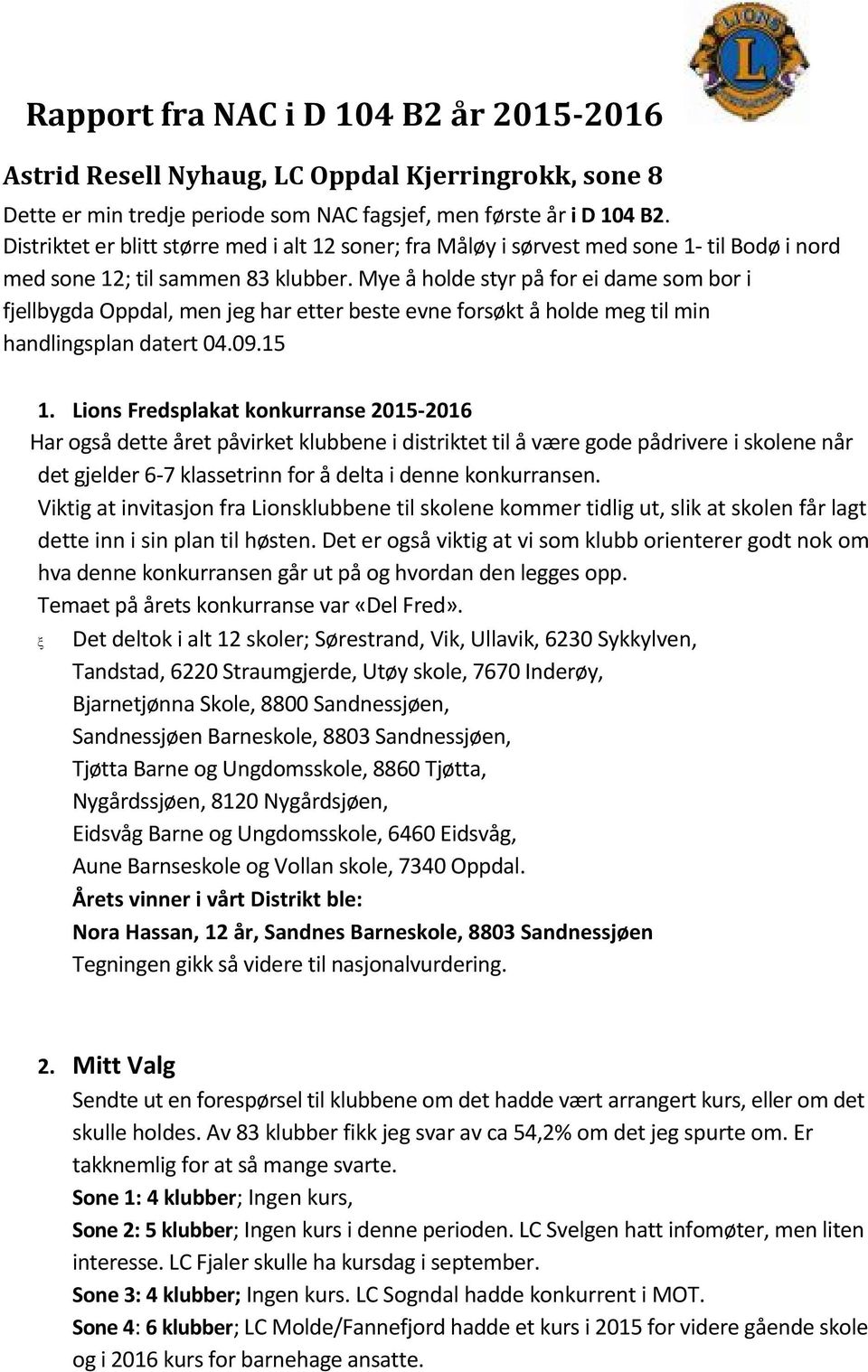 Mye å holde styr på for ei dame som bor i fjellbygda Oppdal, men jeg har etter beste evne forsøkt å holde meg til min handlingsplan datert 04.09.15 1.