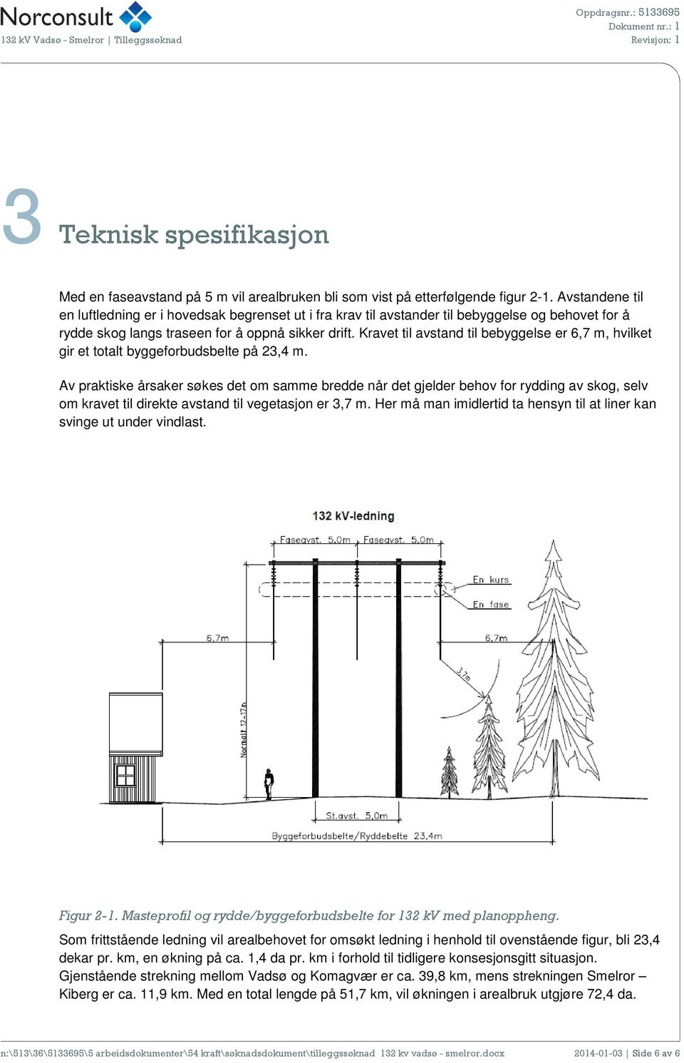 Kravet til avstand til bebyggelse er 6,7 m, hvilket gir et totalt byggeforbudsbelte på 23,4 m.