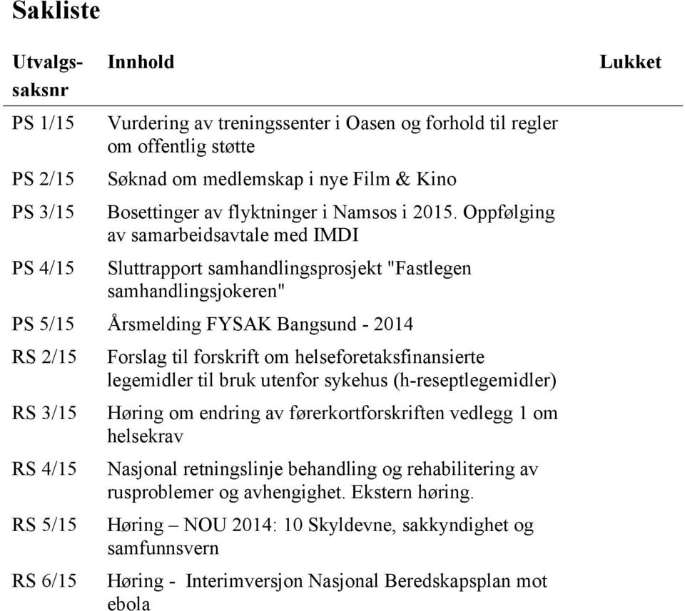 Oppfølging av samarbeidsavtale med IMDI Sluttrapport samhandlingsprosjekt "Fastlegen samhandlingsjokeren" PS 5/15 Årsmelding FYSAK Bangsund - 2014 RS 2/15 RS 3/15 RS 4/15 RS 5/15 RS 6/15 Forslag til