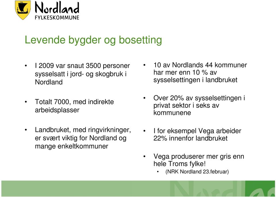 Nordlands 44 kommuner har mer enn 10 % av sysselsettingen i landbruket Over 20% av sysselsettingen i privat sektor i seks