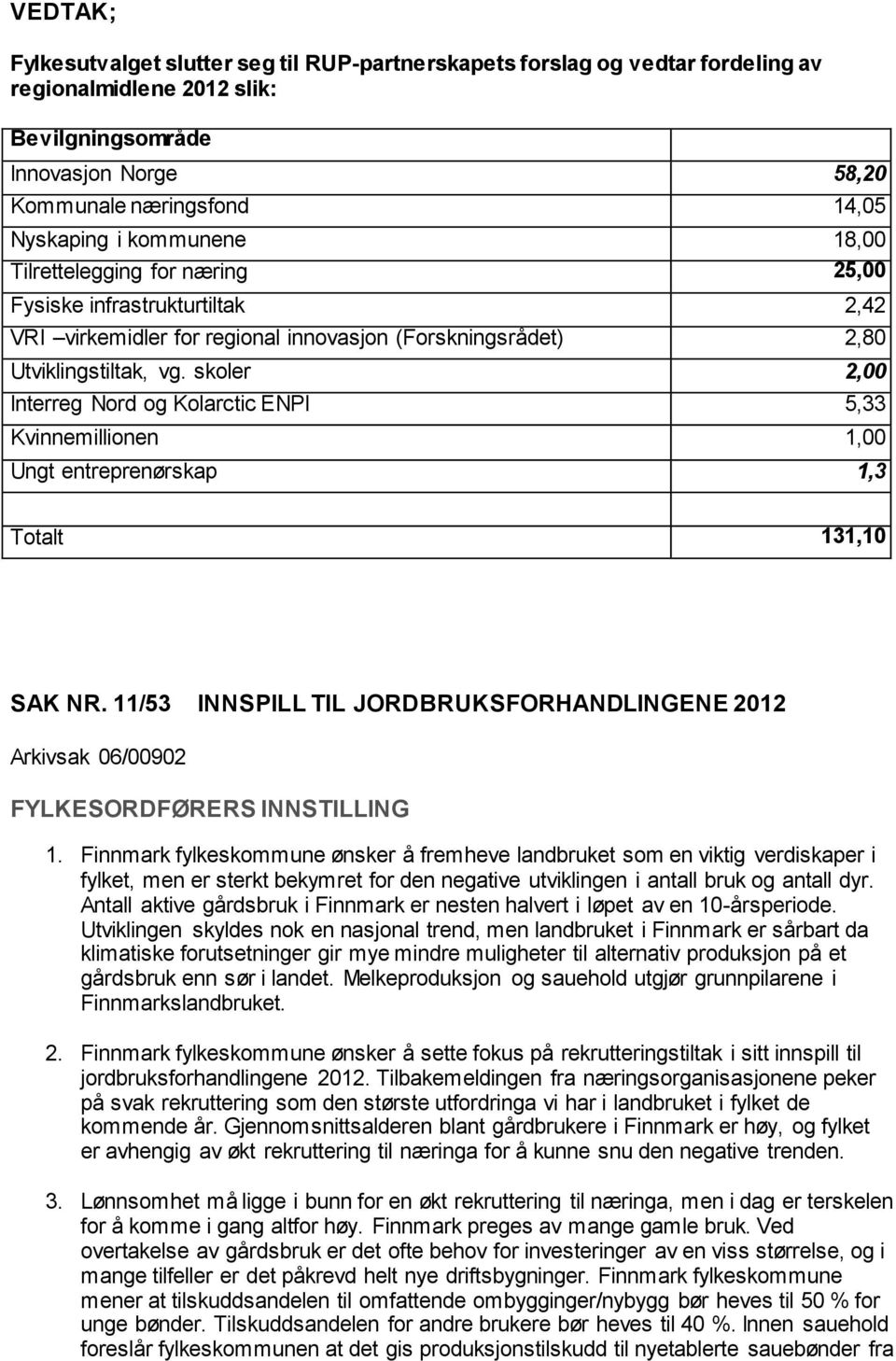 skoler 2,00 Interreg Nord og Kolarctic ENPI 5,33 Kvinnemillionen 1,00 Ungt entreprenørskap 1,3 Totalt 131,10 SAK NR.