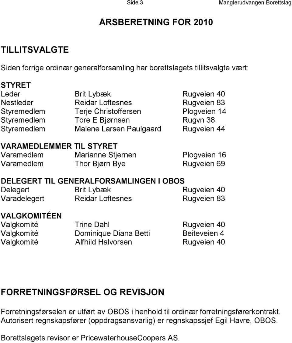 Marianne Stjernen Plogveien 16 Varamedlem Thor Bjørn Bye Rugveien 69 DELEGERT TIL GENERALFORSAMLINGEN I OBOS Delegert Brit Lybæk Rugveien 40 Varadelegert Reidar Loftesnes Rugveien 83 VALGKOMITÉEN