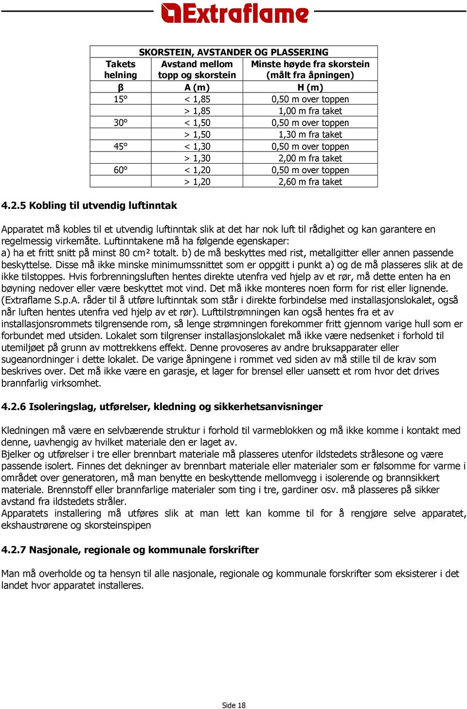 Apparatet må kobles til et utvendig luftinntak slik at det har nok luft til rådighet og kan garantere en regelmessig virkemåte.