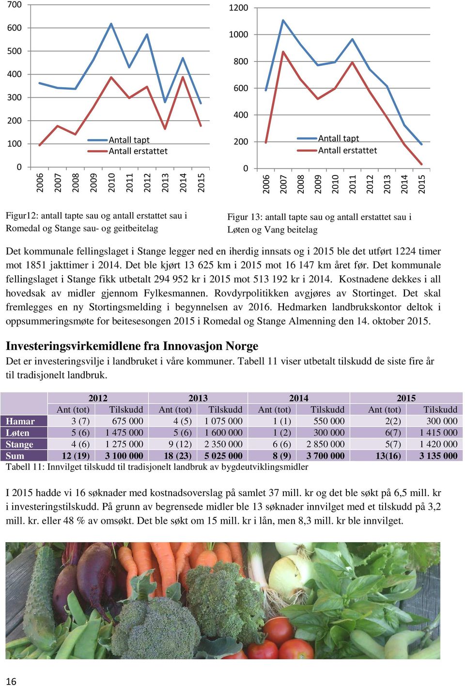 kommunale fellingslaget i Stange legger ned en iherdig innsats og i 2015 ble det utført 1224 timer mot 1851 jakttimer i 2014. Det ble kjørt 13 625 km i 2015 mot 16 147 km året før.