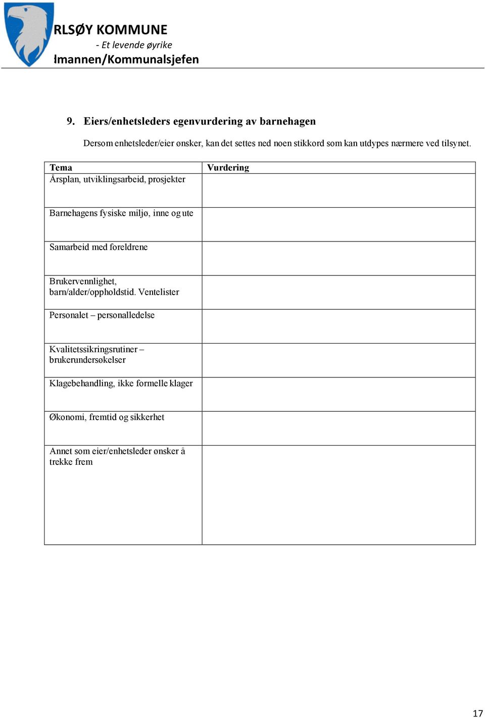 Tema Årsplan, utviklingsarbeid, prosjekter Vurdering Barnehagens fysiske miljø, inne og ute Samarbeid med foreldrene