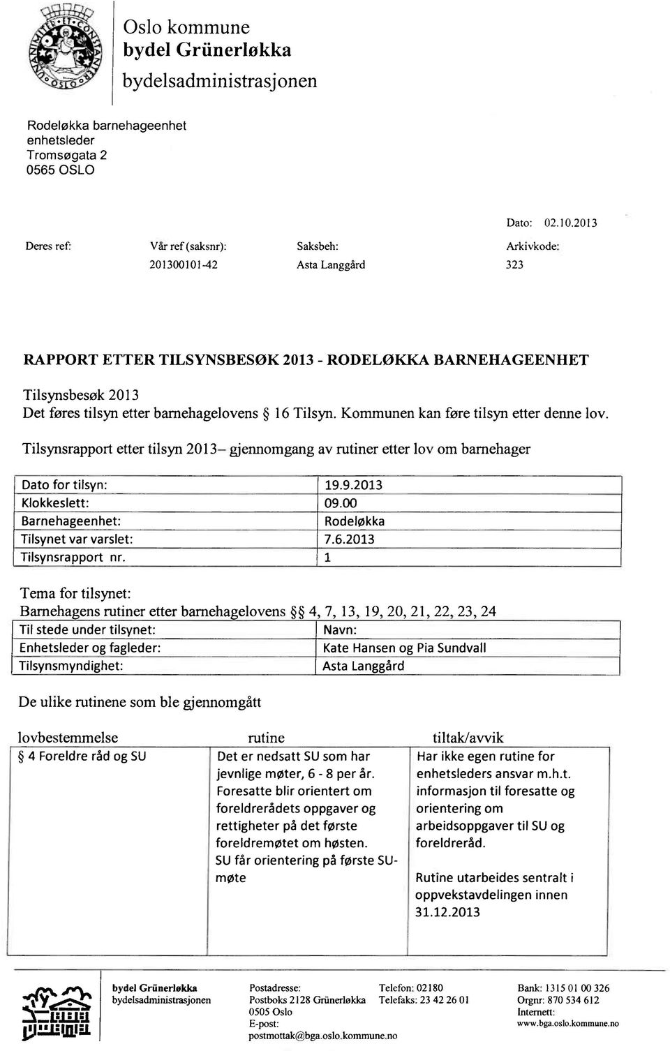 16 Tilsyn. Kommunen kan føre tilsyn etter denne lov. Tilsynsrapport etter tilsyn 2013 gjennomgang av rutiner etter lov om barnehager Dato for tilsyn: 19.9.2013 Klokkeslett: 09.