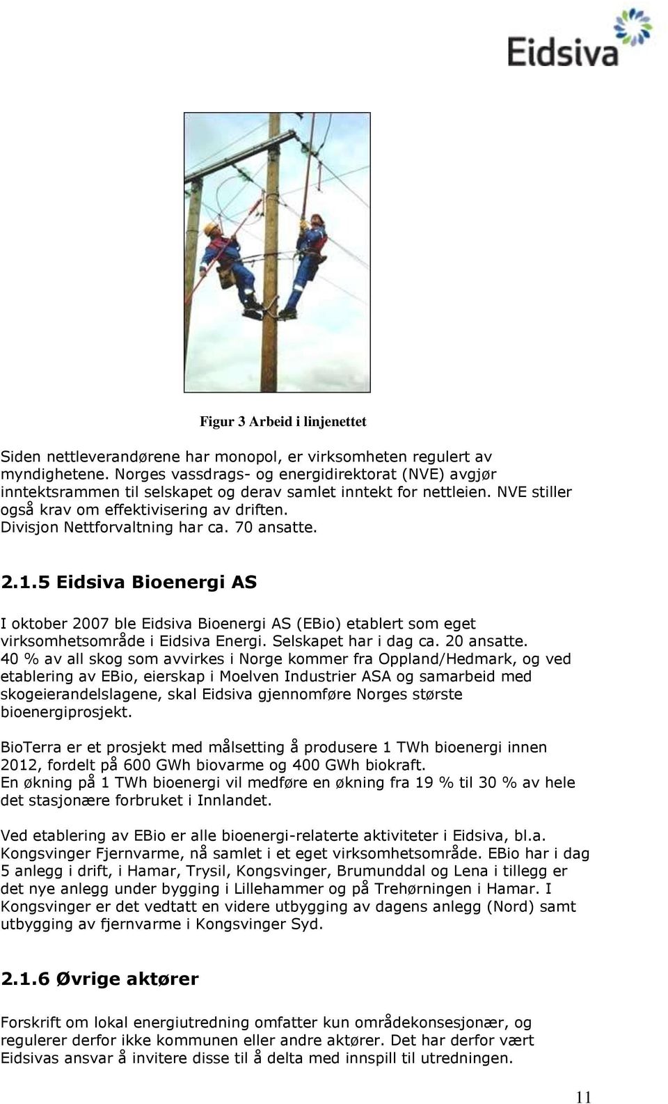 Divisjon Nettforvaltning har ca. 70 ansatte. 2.1.5 Eidsiva Bioenergi AS I oktober 2007 ble Eidsiva Bioenergi AS (EBio) etablert som eget virksomhetsområde i Eidsiva Energi. Selskapet har i dag ca.