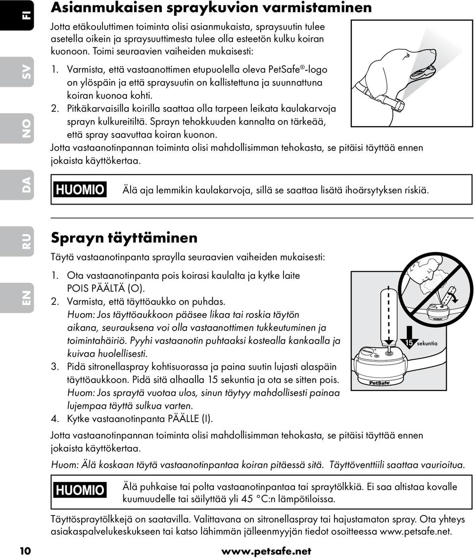 Pitkäkarvaisilla koirilla saattaa olla tarpeen leikata kaulakarvoja sprayn kulkureitiltä. Sprayn tehokkuuden kannalta on tärkeää, että spray saavuttaa koiran kuonon.