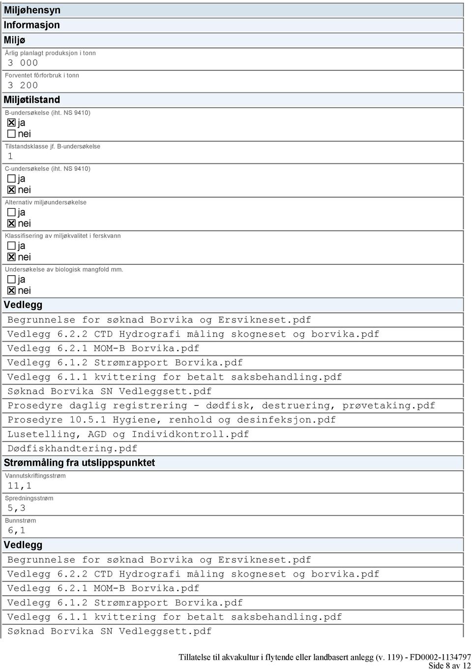 ja nei Vedlegg Begrunnelse for søknad Borvika og Ersvikneset.pdf Vedlegg 6.2.2 CTD Hydrografi måling skogneset og borvika.pdf Vedlegg 6.2.1 MOM-B Borvika.pdf Vedlegg 6.1.2 Strømrapport Borvika.