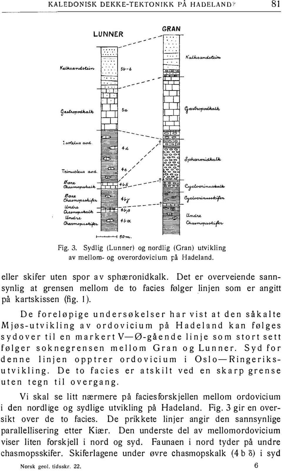 De foreløpige undersøkelser har vist at den såkalte Mjøs-utvikling av ordovicium på Hadeland kan følges syd over til en markert V-Ø-gående linje som stort sett følger soknegr ensen mellom Gran og Lu