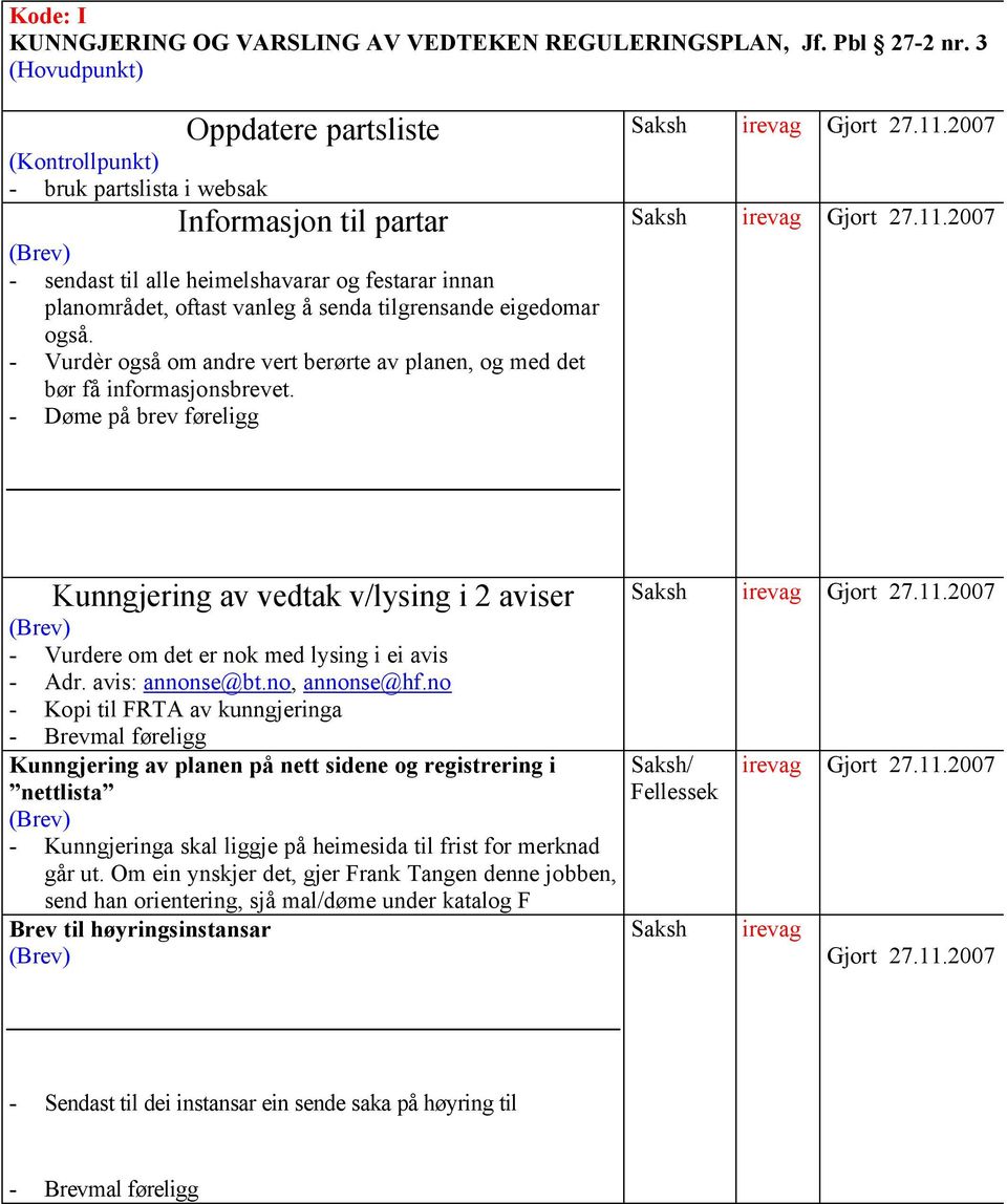 - Vurdèr også om andre vert berørte av planen, og med det bør få informasjonsbrevet. - Døme på brev føreligg irevag Gjort 27.11.