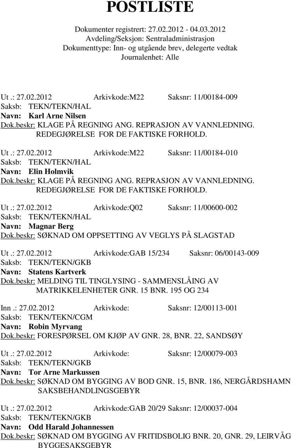 beskr: SØKNAD OM OPPSETTING AV VEGLYS PÅ SLAGSTAD Ut.: 27.02.2012 Arkivkode:GAB 15/234 Saksnr: 06/00143-009 Navn: Statens Kartverk Dok.