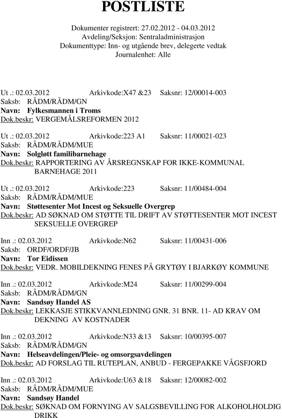 beskr: AD SØKNAD OM STØTTE TIL DRIFT AV STØTTESENTER MOT INCEST SEKSUELLE OVERGREP Inn.: 02.03.2012 Arkivkode:N62 Saksnr: 11/00431-006 Saksb: ORDF/ORDF/JB Navn: Tor Eidissen Dok.beskr: VEDR.