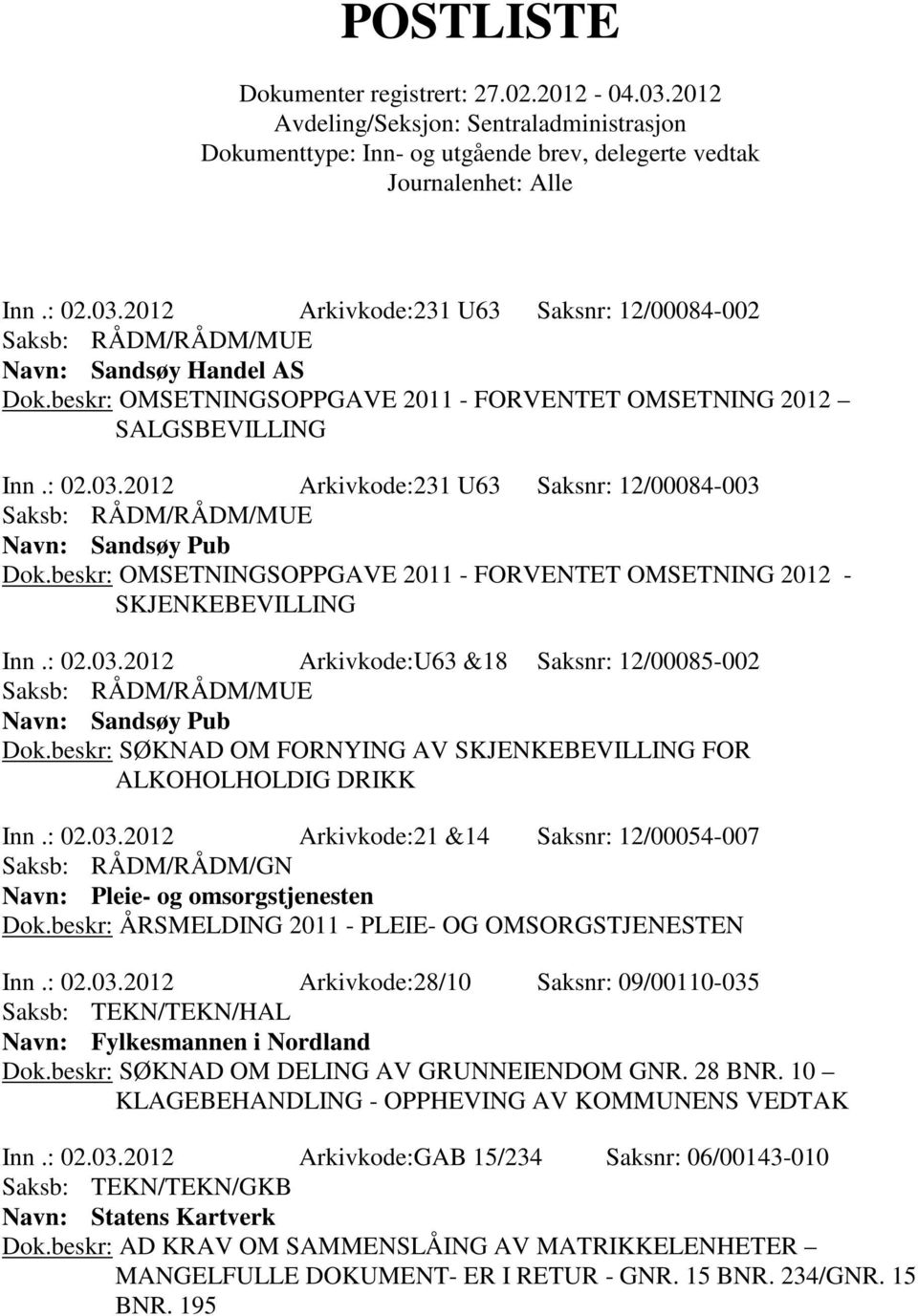 beskr: SØKNAD OM FORNYING AV SKJENKEBEVILLING FOR ALKOHOLHOLDIG DRIKK Inn.: 02.03.2012 Arkivkode:21 &14 Saksnr: 12/00054-007 Navn: Pleie- og omsorgstjenesten Dok.