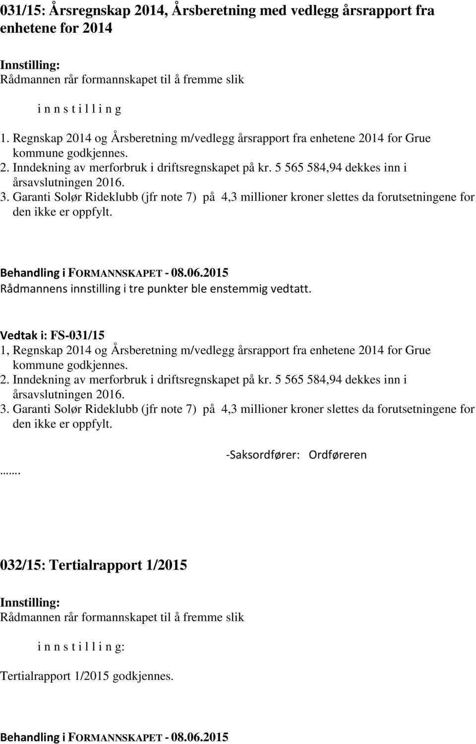 3. Garanti Solør Rideklubb (jfr note 7) på 4,3 millioner kroner slettes da forutsetningene for den ikke er oppfylt. Rådmannens innstilling i tre punkter ble enstemmig vedtatt.