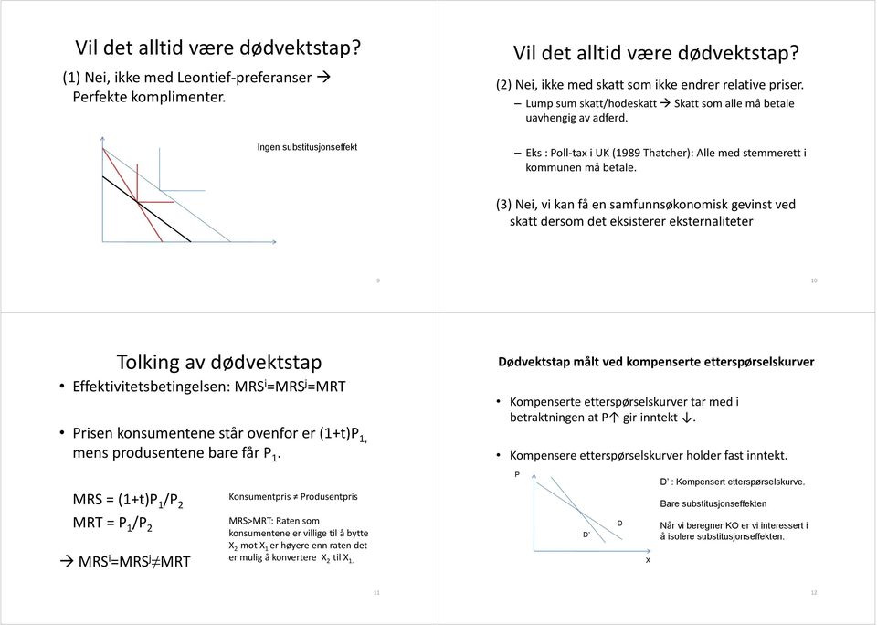 (3) Nei, vi kan få en samfunnsøkonomisk gevinst ved skatt dersom det eksisterer eksternaliteter 9 10 Tolking av dødvektstap Effektivitetsbetingelsen: MR i =MR j =MRT risen konsumentene står ovenfor