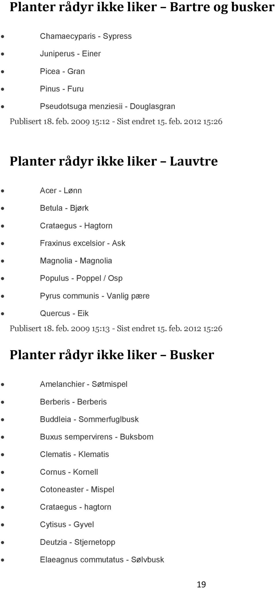 2012 15:26 Planter rådyr ikke liker Lauvtre Acer - Lønn Betula - Bjørk Crataegus - Hagtorn Fraxinus excelsior - Ask Magnolia - Magnolia Populus - Poppel / Osp Pyrus communis - Vanlig