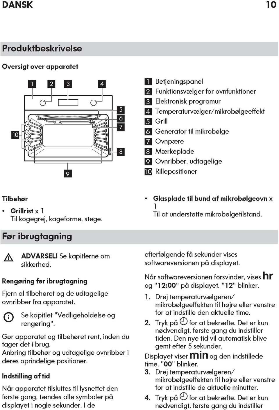 Glasplade til bund af mikrobølgeovn x 1 Til at understøtte mikrobølgetilstand. Før ibrugtagning ADVARSEL! Se kapitlerne om sikkerhed.