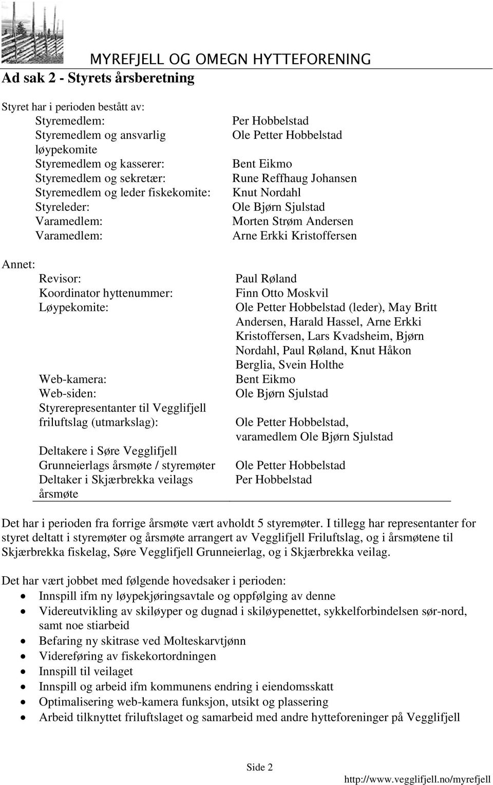 Vegglifjell Grunneierlags årsmøte / styremøter Deltaker i Skjærbrekka veilags årsmøte Per Hobbelstad Ole Petter Hobbelstad Bent Eikmo Rune Reffhaug Johansen Knut Nordahl Ole Bjørn Sjulstad Morten