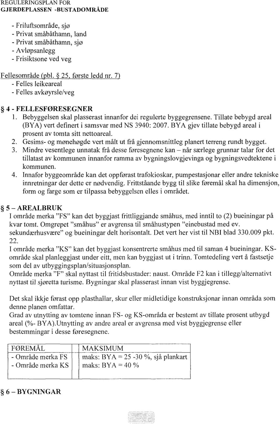 Tillate bebygd areal (BYA) vert definert i samsvar med NS 3940: 007. BYA gjev tillate bebygd areal i prosent av tomta sitt nettoareal.