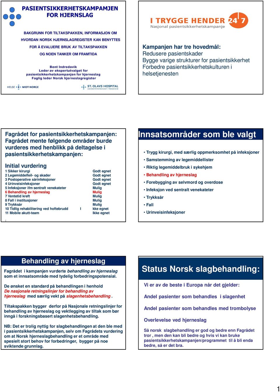 pasientsikkerhet Forbedre pasientsikkerhetskulturen i helsetjenesten Fagrådet for pasientsikkerhetskampanjen: Fagrådet mente følgende områder burde vurderes med henblikk på deltagelse i