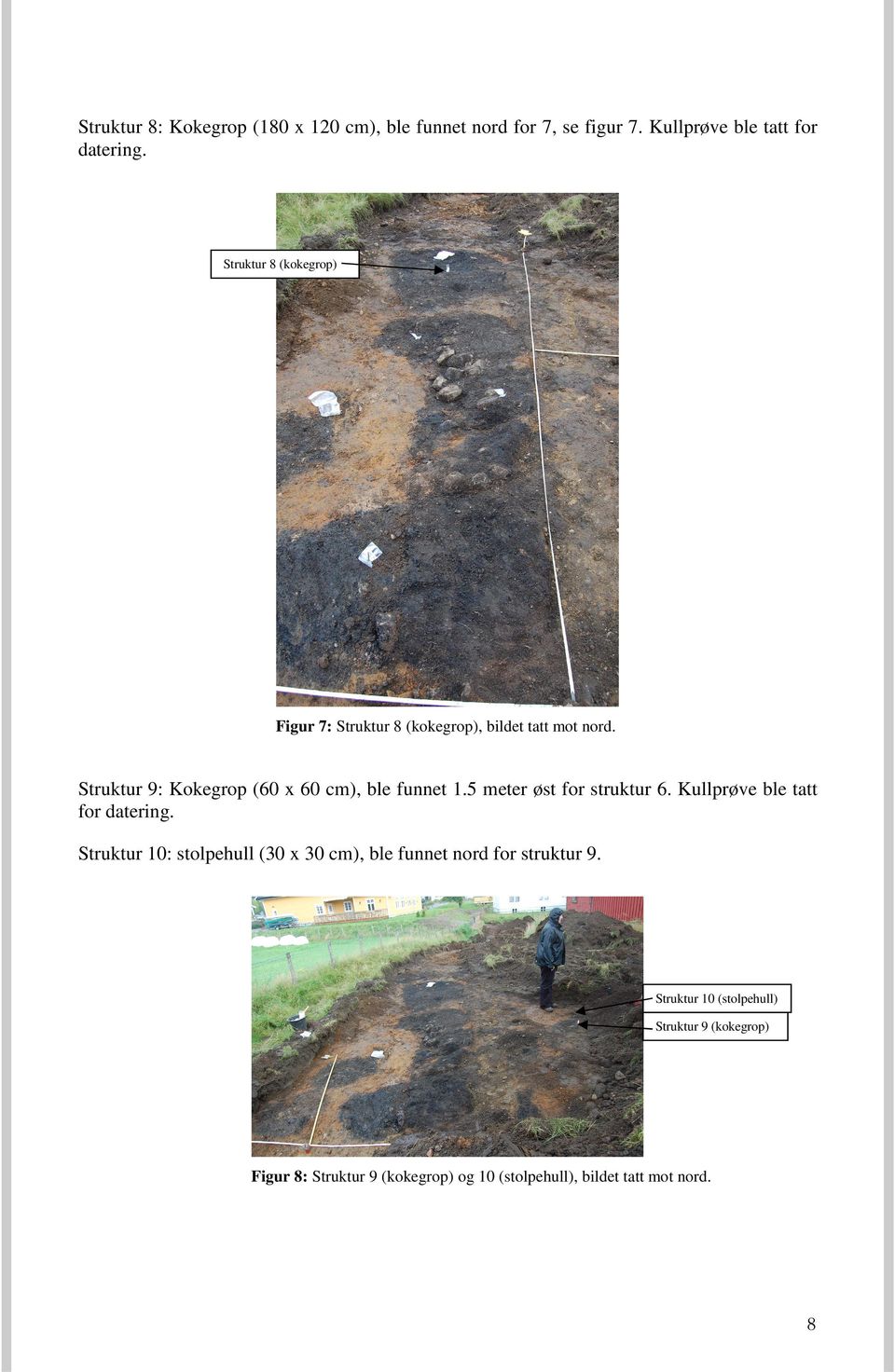 Struktur 9: Kokegrop (60 x 60 cm), ble funnet 1.5 meter øst for struktur 6. Kullprøve ble tatt for datering.