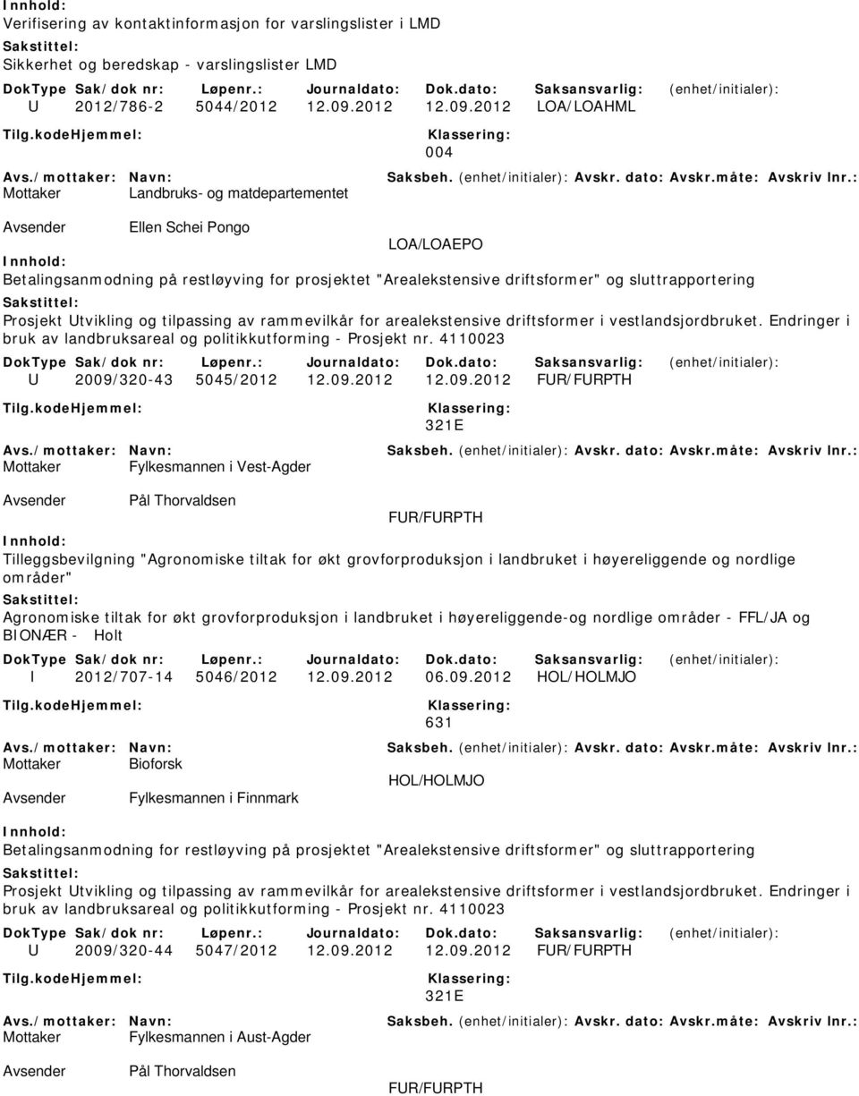 2012 LOA/LOAHML 004 Mottaker Landbruks- og matdepartementet Ellen Schei Pongo LOA/LOAEPO Betalingsanmodning på restløyving for prosjektet "Arealekstensive driftsformer" og sluttrapportering Prosjekt