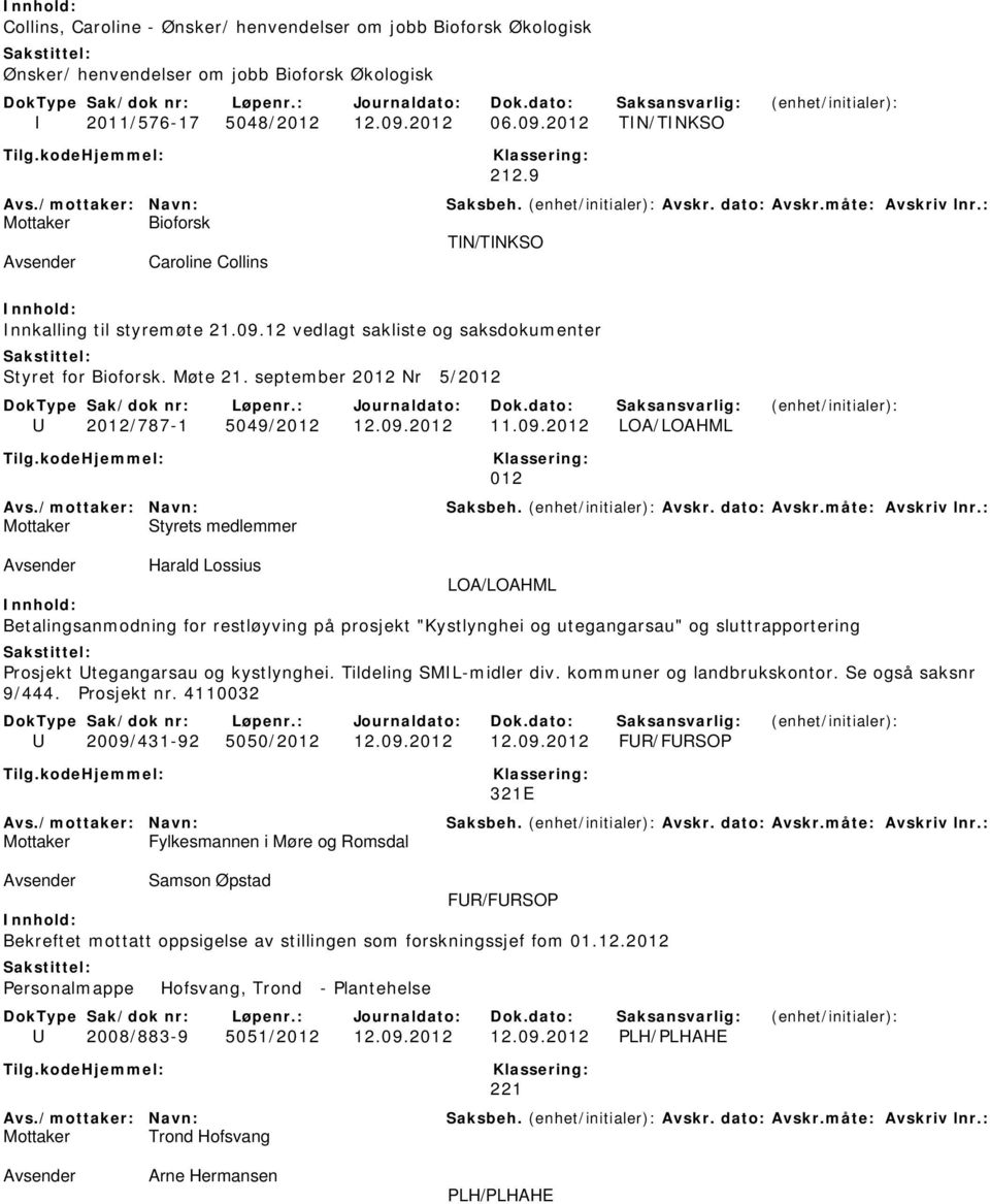 12 vedlagt sakliste og saksdokumenter Styret for Bioforsk. Møte 21. september 2012 Nr 5/2012 U 2012/787-1 5049/2012 12.09.