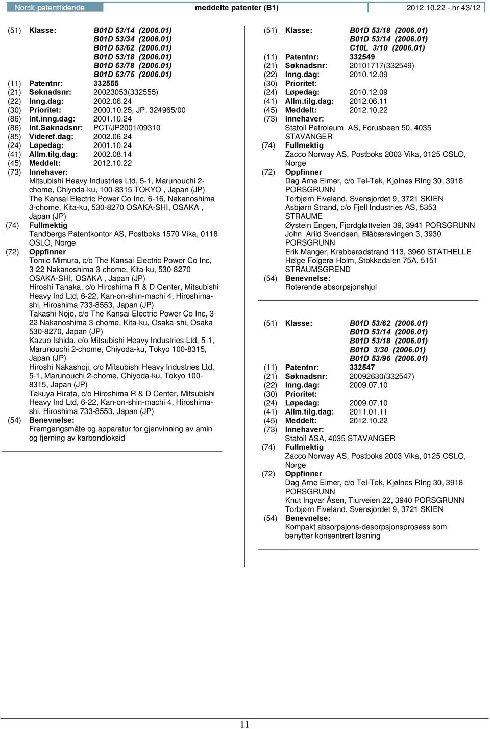 Søknadsnr: PCT/JP2001/09310 (85) Videref.dag: 2002.06.24 (24) Løpedag: 2001.10.24 (41) Allm.tilg.dag: 2002.08.