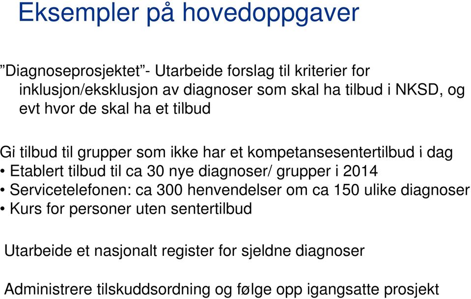 tilbud til ca 30 nye diagnoser/ grupper i 2014 Servicetelefonen: ca 300 henvendelser om ca 150 ulike diagnoser Kurs for personer