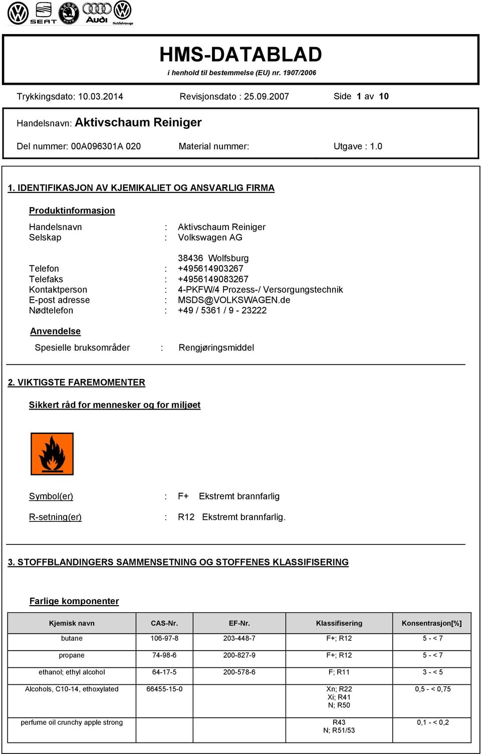 Kontaktperson : 4-PKFW/4 Prozess-/ Versorgungstechnik E-post adresse : MSDS@VOLKSWAGEN.de Nødtelefon : +49 / 5361 / 9-23222 Anvendelse Spesielle bruksområder : Rengjøringsmiddel 2.