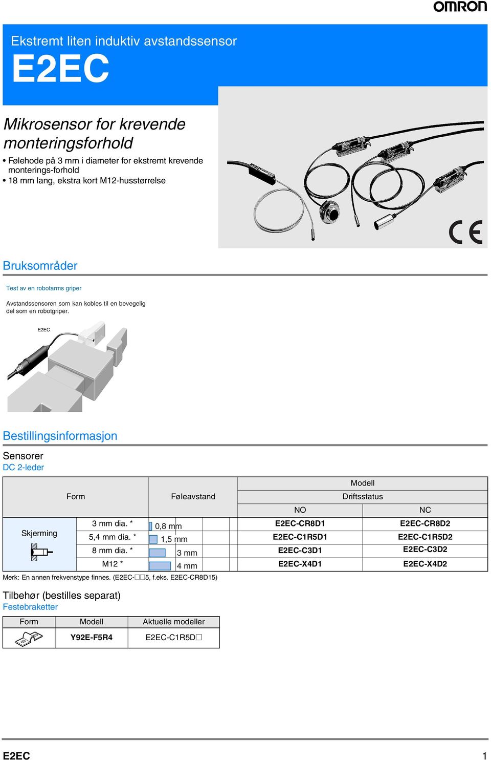 Bestillingsinformasjon Sensorer DC 2-leder Modell Form Føleavstand Driftsstatus NO NC Skjerming mm dia. *, mm -CRD1 -CRD2 5,4 mm dia.