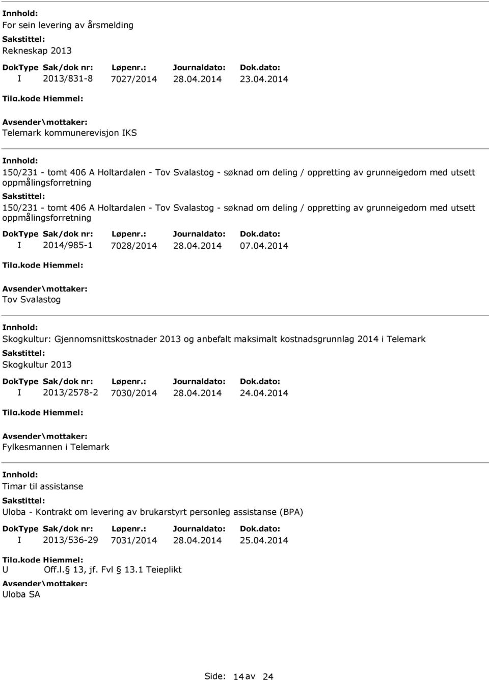 406 Holtardalen - Tov Svalastog - søknad om deling / oppretting av grunneigedom med utsett oppmålingsforretning 2014/985-1 7028/2014 07.04.