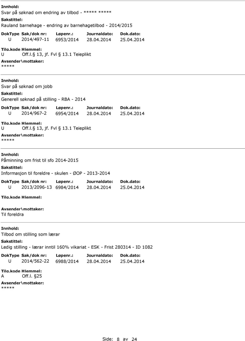 2014-2015 nformasjon til foreldre - skulen - ØOP - 2013-2014 2013/2096-13 6984/2014 Til foreldra Tilbod om stilling