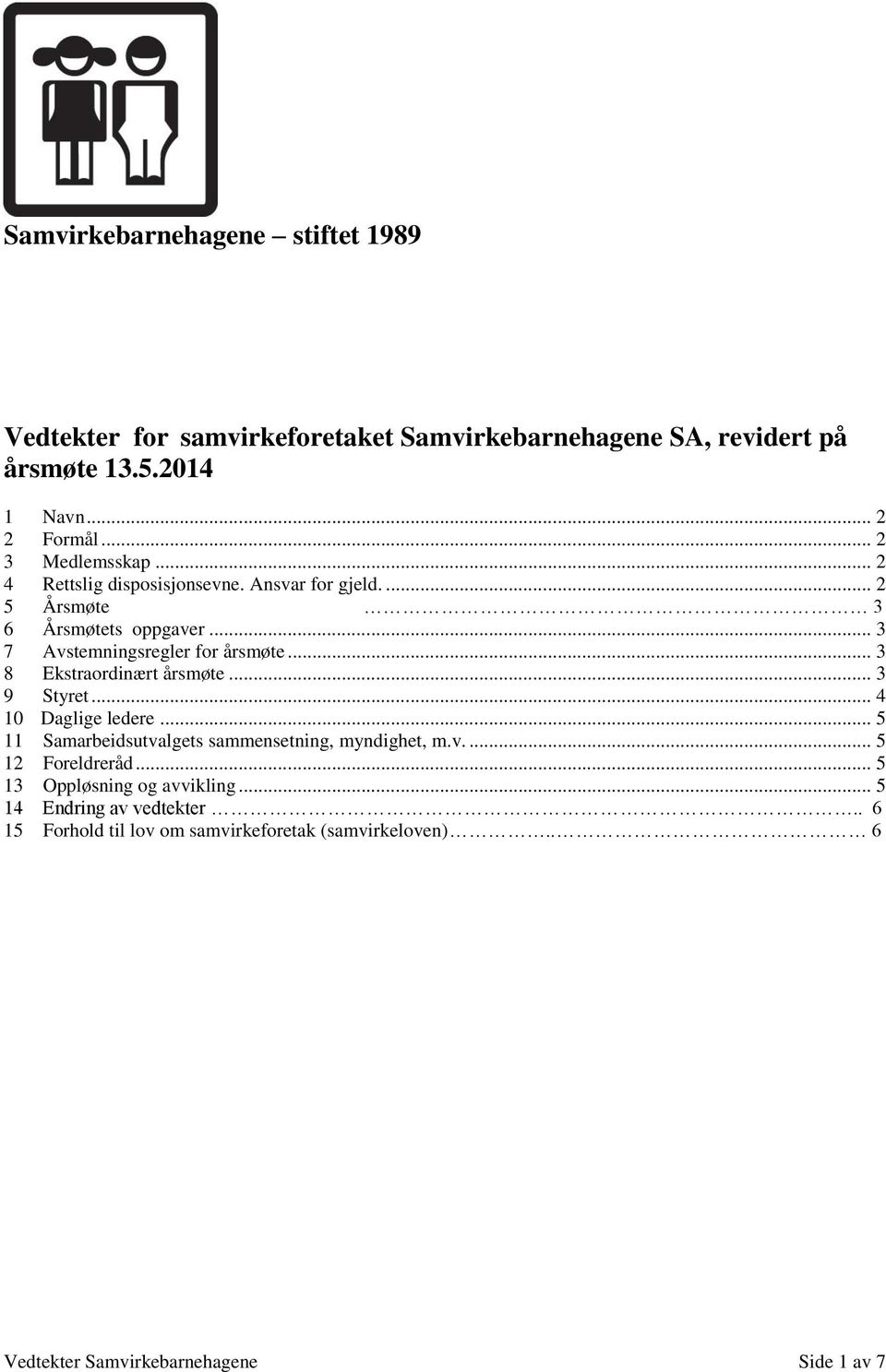 .. 3 8 Ekstraordinært årsmøte... 3 9 Styret... 4 10 Daglige ledere... 5 11 Samarbeidsutvalgets sammensetning, myndighet, m.v.... 5 12 Foreldreråd.