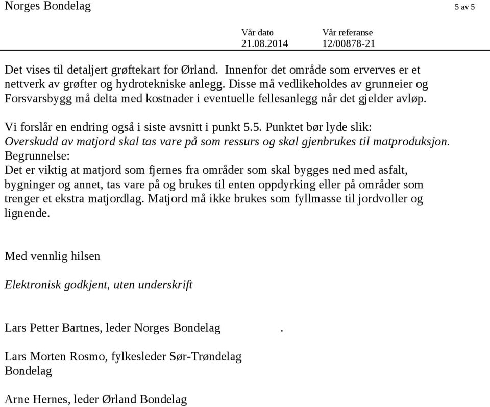 5. Punktet bør lyde slik: Overskudd av matjord skal tas vare på som ressurs og skal gjenbrukes til matproduksjon.