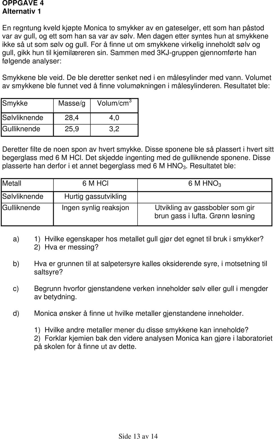 Sammen med 3KJ-gruppen gjennomførte han følgende analyser: Smykkene ble veid. De ble deretter senket ned i en målesylinder med vann.