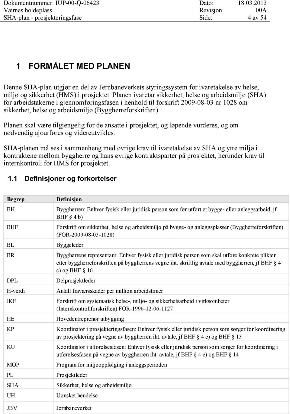 Planen ivaretar sikkerhet, helse og arbeidsmiljø (SHA) for arbeidstakerne i gjennomføringsfasen i henhold til forskrift 2009-08-03 nr 1028 om sikkerhet, helse og arbeidsmiljø (Byggherreforskriften).