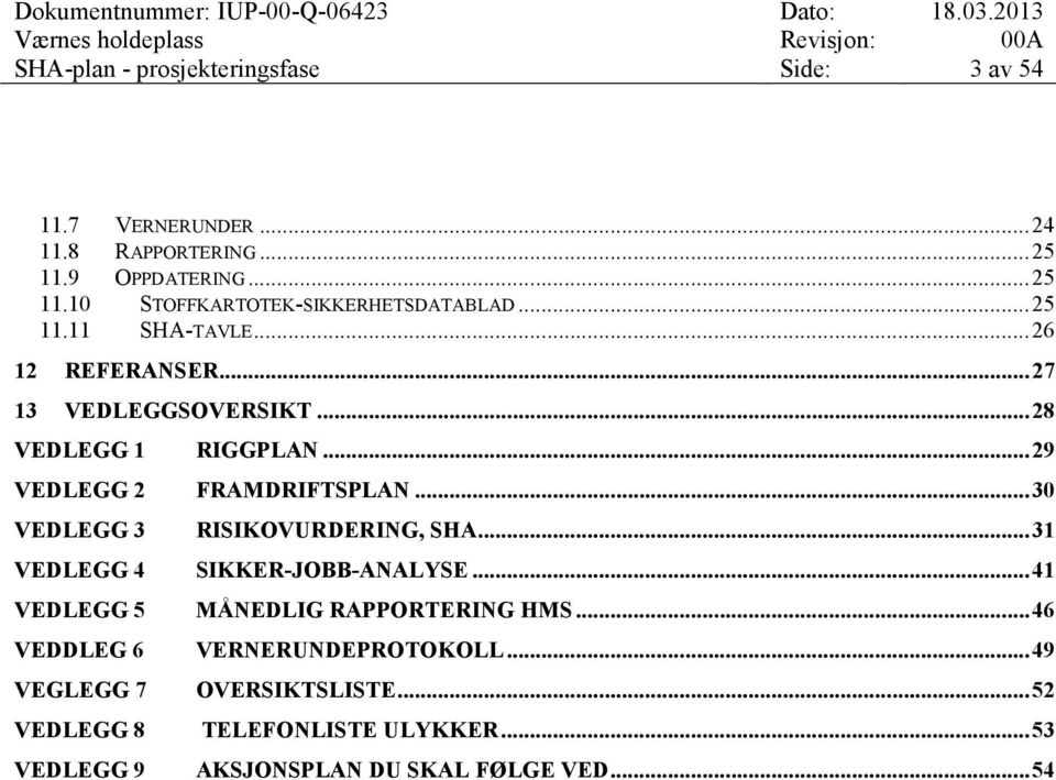 .. 28 VEDLEGG 1 RIGGPLAN... 29 VEDLEGG 2 FRAMDRIFTSPLAN... 30 VEDLEGG 3 RISIKOVURDERING, SHA... 31 VEDLEGG 4 SIKKER-JOBB-ANALYSE.