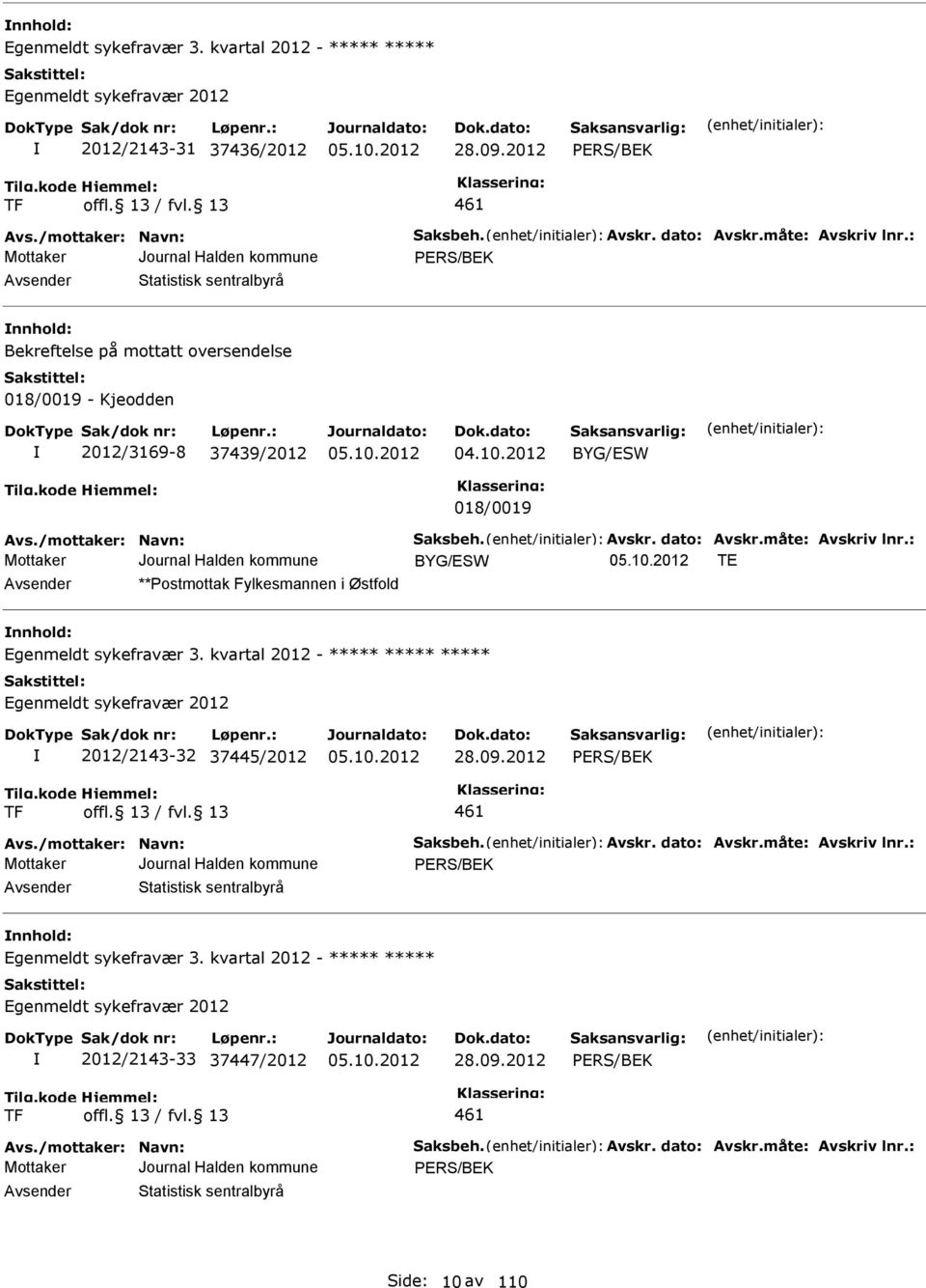 dato: Avskr.måte: Avskriv lnr.: BYG/ESW TE Avsender **Postmottak Fylkesmannen i Østfold nnhold: Egenmeldt sykefravær 3. kvartal 2012 - Egenmeldt sykefravær 2012 2012/2143-32 37445/2012 28.09.