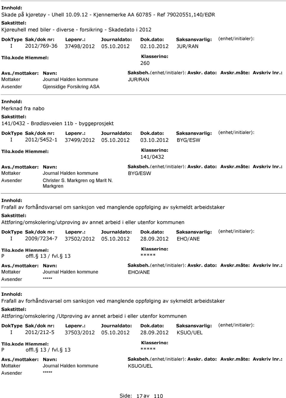 : JUR/RAN Avsender Gjensidige Forsikring ASA nnhold: Merknad fra nabo 141/0432 - Brødløsveien 11b - byggeprosjekt 2012/5452-1 37499/2012 03.10.2012 BYG/ESW 141/0432 Avs.: BYG/ESW Avsender Christer S.