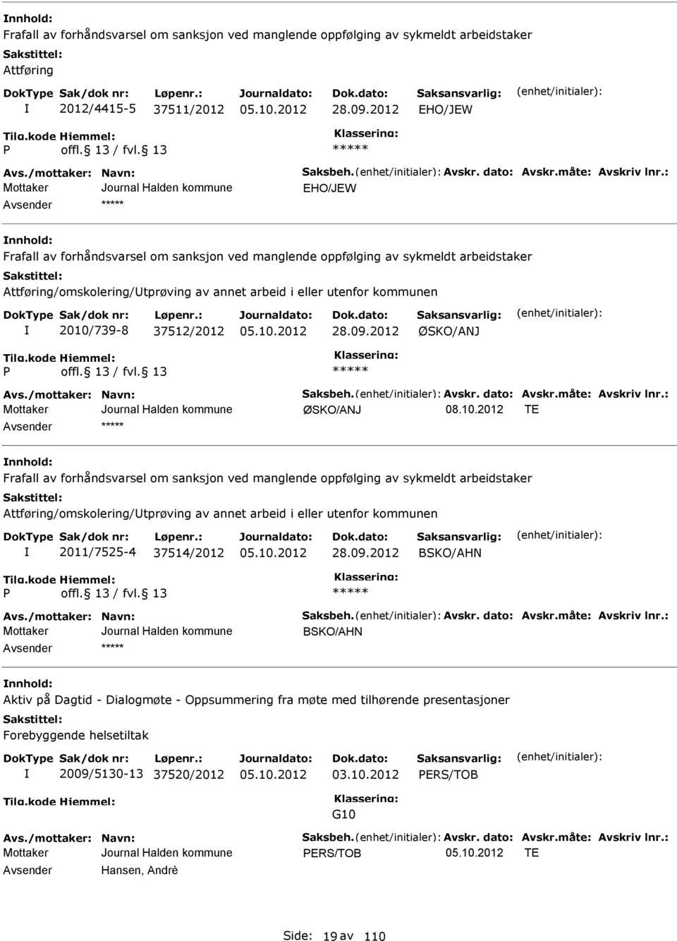 : EHO/JEW nnhold: Frafall av forhåndsvarsel om sanksjon ved manglende oppfølging av sykmeldt arbeidstaker Attføring/omskolering/Utprøving av annet arbeid i eller utenfor kommunen 2010/739-8