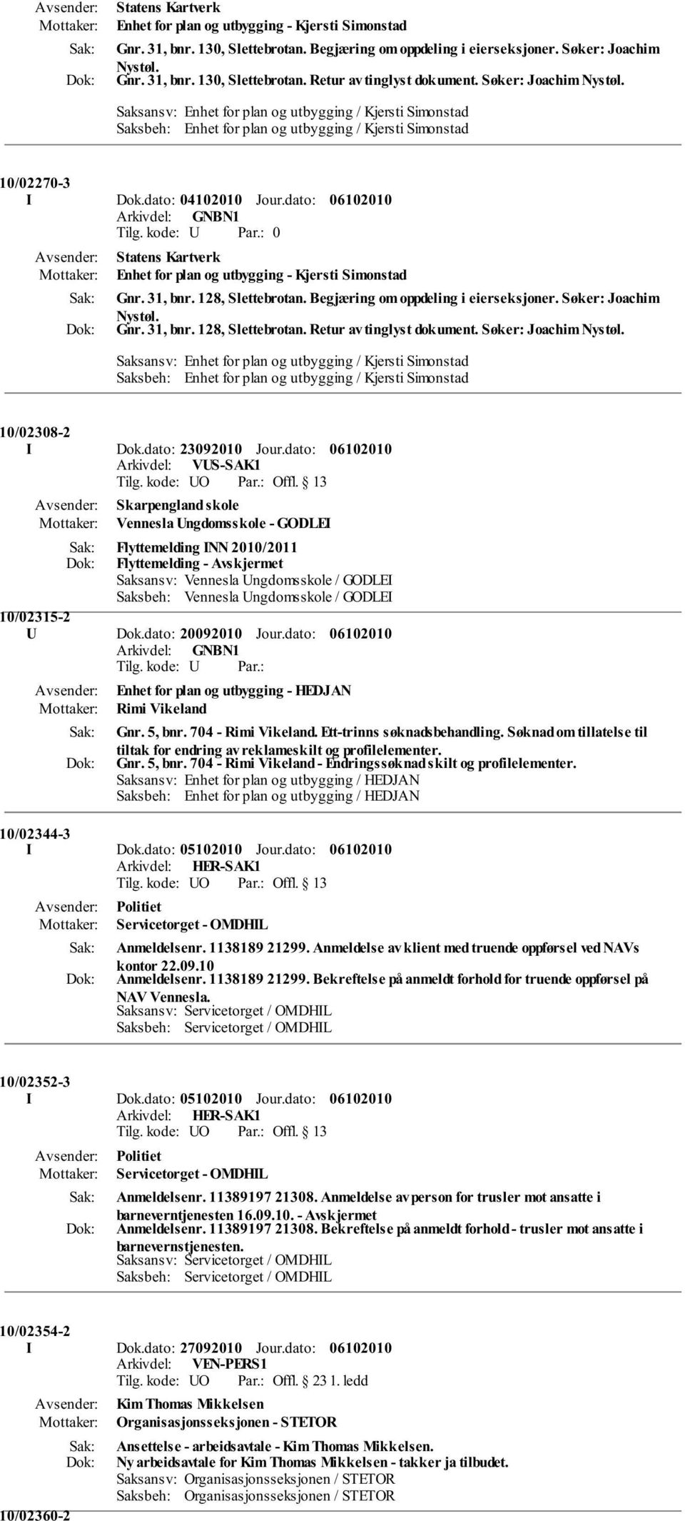 dato: Statens Kartverk Enhet for plan og utbygging - Kjersti Simonstad Gnr. 31, bnr. 128, Slettebrotan. Begjæring om oppdeling i eierseksjoner. Søker: Joachim Nystøl. Gnr. 31, bnr. 128, Slettebrotan. Retur av tinglyst dokument.