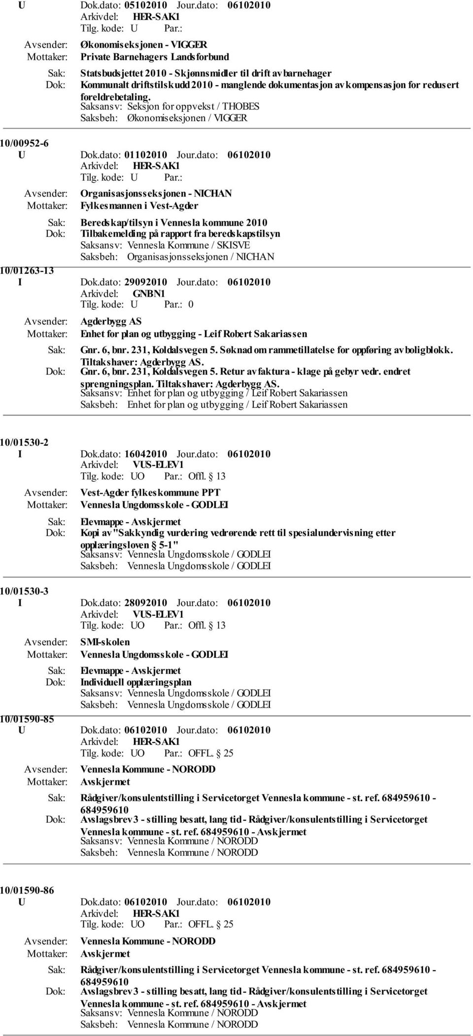 for redusert foreldrebetaling. Saksansv: Seksjon for oppvekst / THOBES Saksbeh: Økonomiseksjonen / VIGGER 10/00952-6 U Dok.dato: 01102010 Jour.