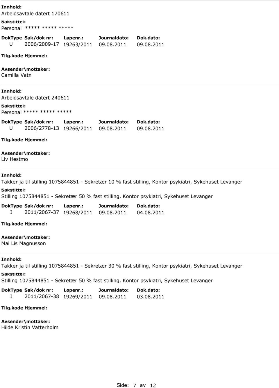 Sykehuset Levanger 2011/2067-37 19268/2011 Mai Lis Magnusson Takker ja til stilling 1075844851 - Sekretær 30 % fast stilling, Kontor psykiatri, Sykehuset